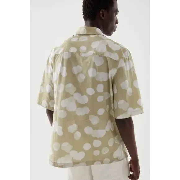 NWOT COS Shirt EU XL Relaxed-Fit Dot-Print Crinkle Pocket Button-Up Beige Cotton